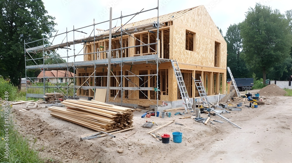 Poster wooden house structure with scaffolding under construction in a rural countryside setting with scatt