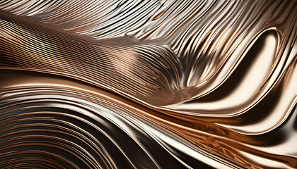 A detailed shot of liquid metal ripples with soft silver and bronze tones