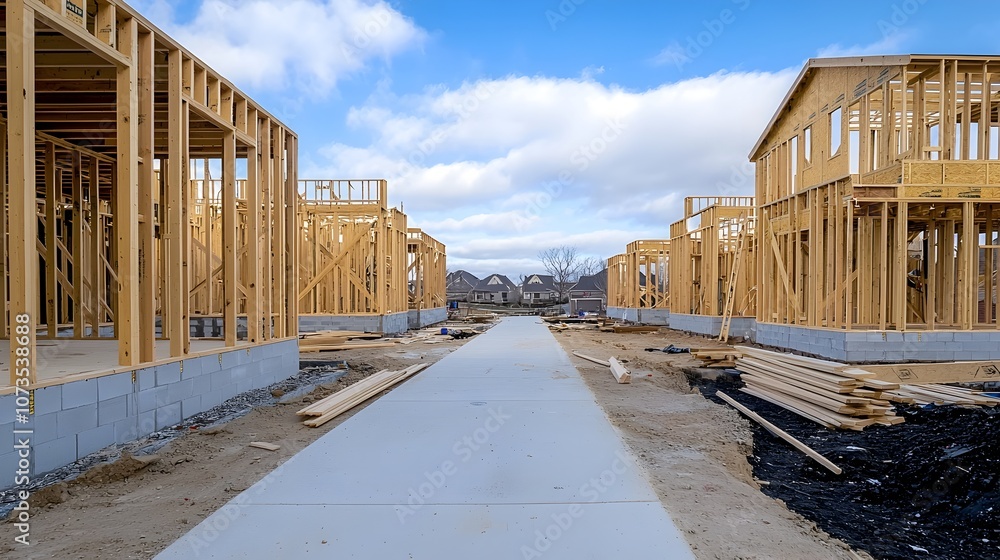 Aufkleber wooden house frame in early construction stages with beams aligned neatly against a blue sky backgro