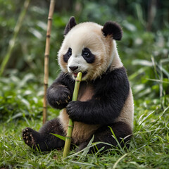 Obraz premium little panda cub sitting on a grassy patch, playing with a bamboo stick