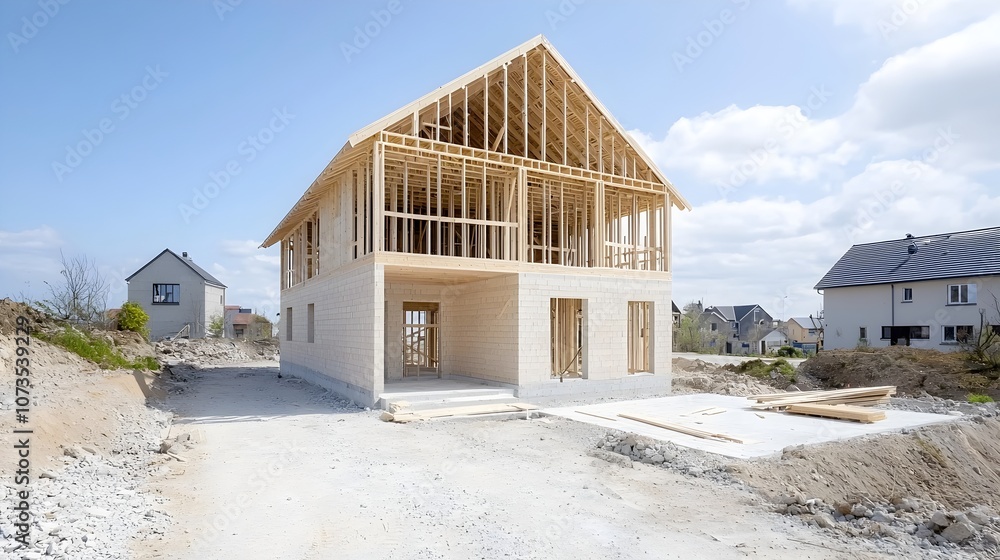 Poster Modern wooden house structure under construction with visible roof framework and open walls against a clear blue sky showcasing the progress of residential building development and design
