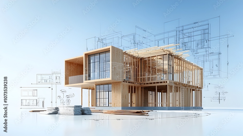 Poster wooden house structure under construction with visible roof framework and open walls set against a c