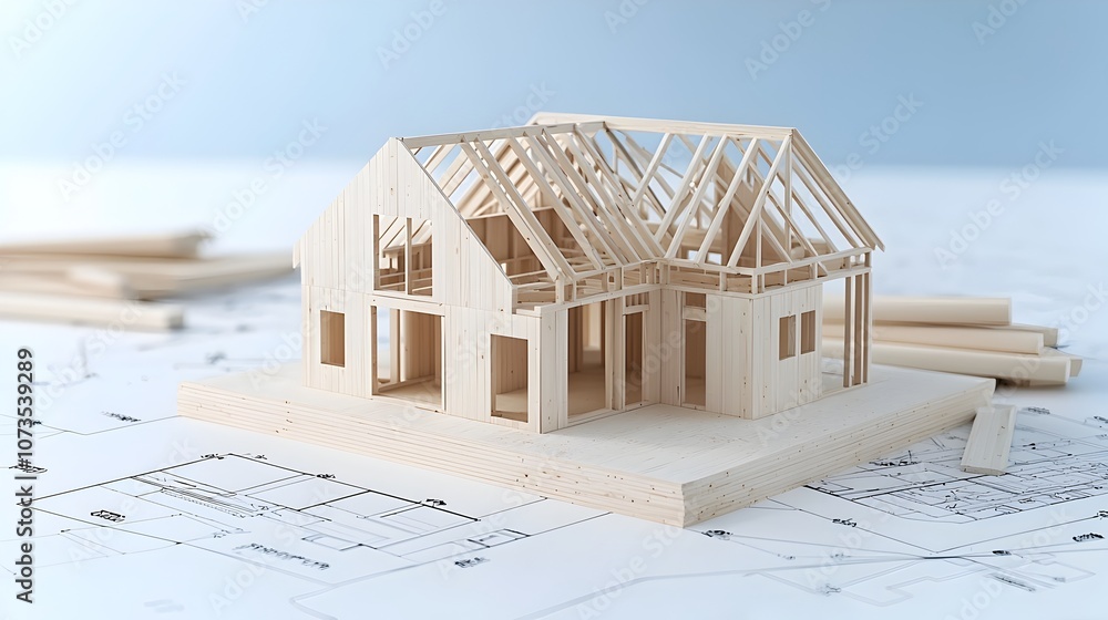 Poster Modern wooden house structure under construction with visible roof framework open walls and blue sky in the background  The image depicts the early stages of a residential building project