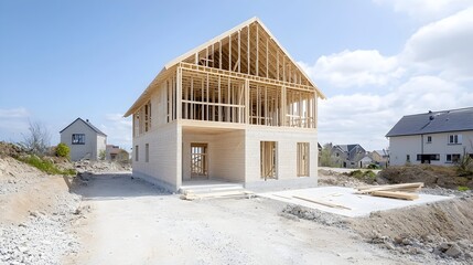 Modern wooden house structure under construction with visible roof framework and open walls against a clear blue sky showcasing the progress of residential building development and design
