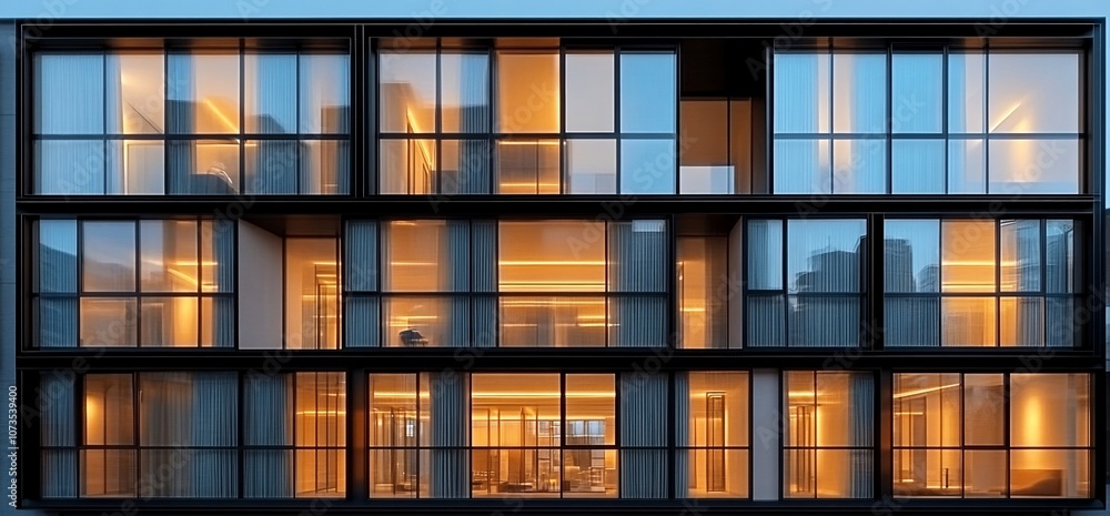 Aufkleber modern building with large windows and warm lights reflecting from inside.