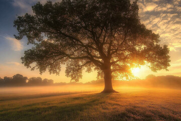 Majestic oak tree silhouetted by a stunning sunrise, casting warm golden light over a misty field, creating a serene and peaceful natural setting.