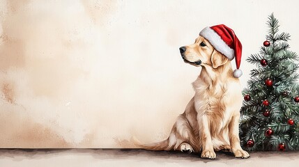 Dog with Santa hat by Christmas tree, watercolor, joyful holiday mood, cozy scene, warm lighting