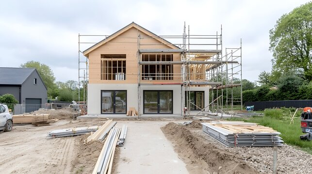 A partially finished timber frame house structure with scaffolding surrounding the exterior on an active construction site showcasing the process of residential home building and development