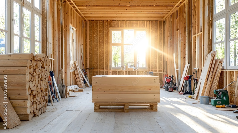 Poster Rustic wooden house framework under construction surrounded by various carpentry tools and stacks of lumber with natural sunlight filtering through the scene creating a warm and rustic atmosphere