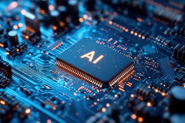 Obraz premium AI microchip on circuit board representing artificial intelligence