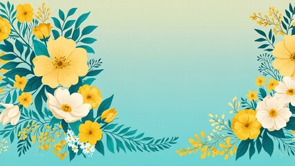Obraz premium turquoise & lemon yellow colors floral pattern border made of beautiful flowers on gradient background. Flat lay, top view, with space for text