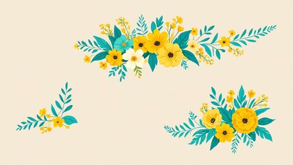 Obraz premium turquoise & lemon yellow colors floral pattern border made of beautiful flowers on gradient background. Flat lay, top view, with space for text