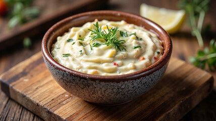 Creamy garlic aioli in rustic bowl with herbs