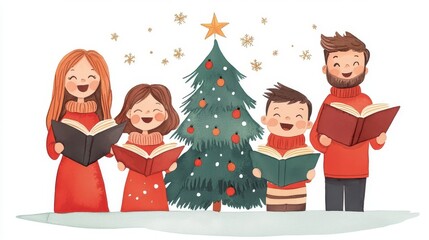 Fototapeta premium Family singing carols around a Christmas tree, watercolor, joyful faces, warm holiday spirit, cozy scene