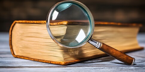 A magnifying glass rests on a closed book, symbolizing research and exploration.