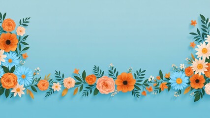 Fototapeta premium tangerine & powder blue colors floral pattern border made of beautiful flowers on gradient background. Flat lay, top view, with space for text