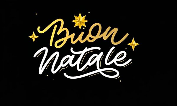 A black and gold sign that says "Buon Natale" in gold letters. The sign is surrounded by stars and has a gold border