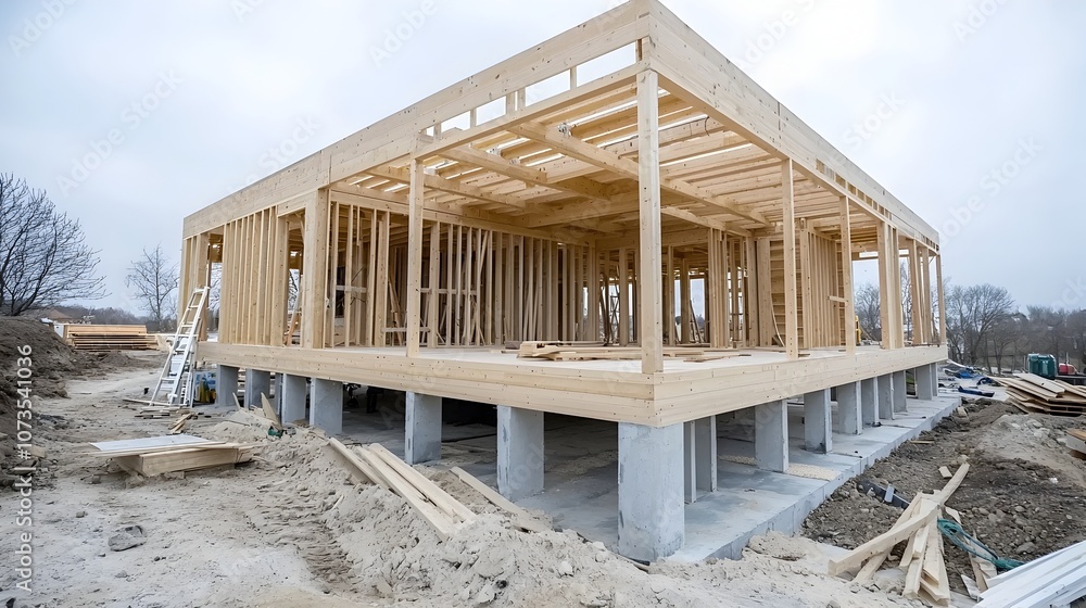 Poster Close up view of the skeletal frame and support structure of a modern wooden house under construction showcasing the intricate beams grid like patterns and minimalist design elements