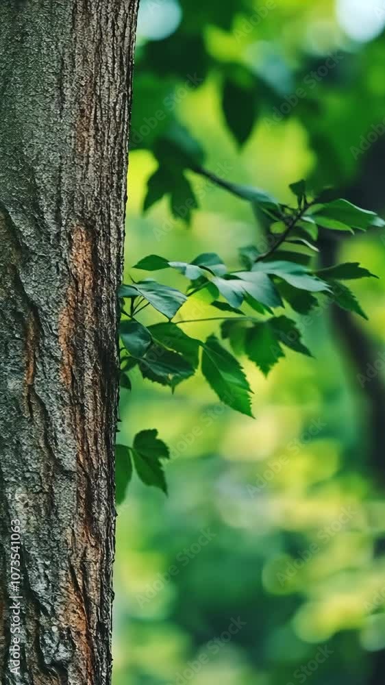 Aufkleber a tree trunk with rough bark stands in front of a blurred background of green leaves in a forest