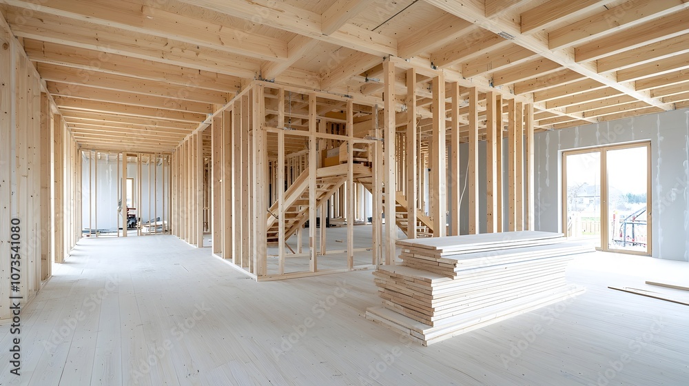 Poster Close up view of the wooden skeleton frame and support structure of a modern house under construction  The image showcases the intricate beams timber