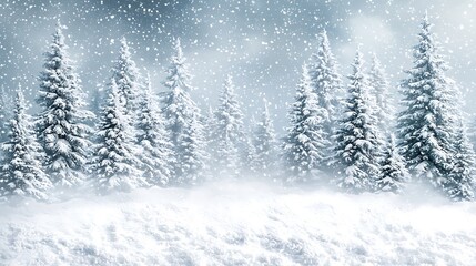 A snowy winter scene with a line of fir trees covered in snow, and a dusting of snow falling in the air.