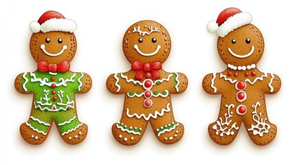 gingerbread men cookies on a flat design, Christmas theme, white background, cartoon drawing, colored pastel