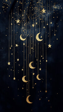 Gl&auml;nzende goldene Monde und Sterne auf tiefblauem Hintergrund

