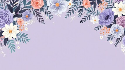 lavender & white colors floral pattern border made of beautiful flowers on gradient background. Flat lay, top view,  with space for text