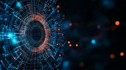 Obraz premium Cybernetic Eye: Abstract digital art depicting a mesmerizing, glowing cybernetic eye, swirling with intricate lines and vibrant hues of blue and orange, set against a dark, bokeh-filled background. 