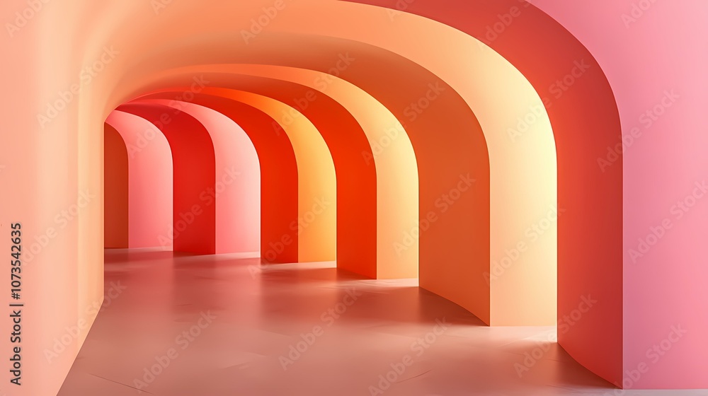 Aufkleber a series of arches creating a hallway with a pink to orange gradient color scheme.