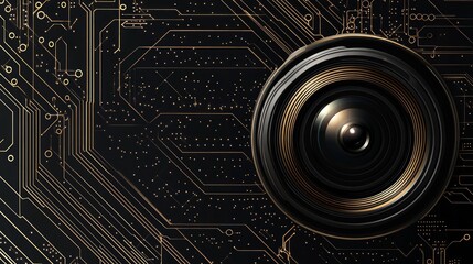 A close-up of a camera lens on a circuit board background.