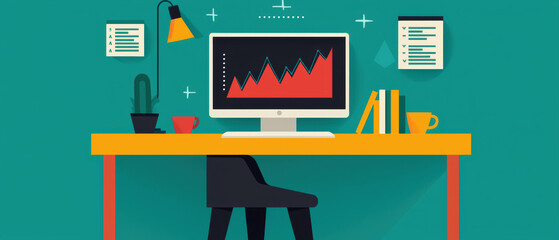 A modern workspace featuring a computer displaying a graph, a desk lamp, books, a plant, and a vibrant green background.