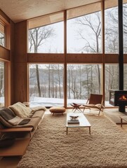 Cozy Living Room with Large Windows and a Wood-Burning Stove