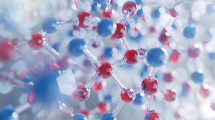 Close-up view of molecular structure with red and blue atoms connected by transparent bonds. Scientific 3D illustration for chemistry and biology concept.