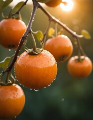 Persimmon, fruit, macro, portrait. Fresh persimmon with water drops.