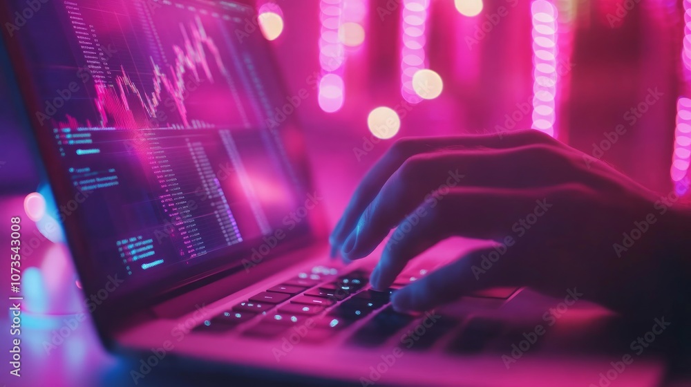 Poster a close-up of a hand typing on a laptop with a stock market graph displayed on the screen. the keybo