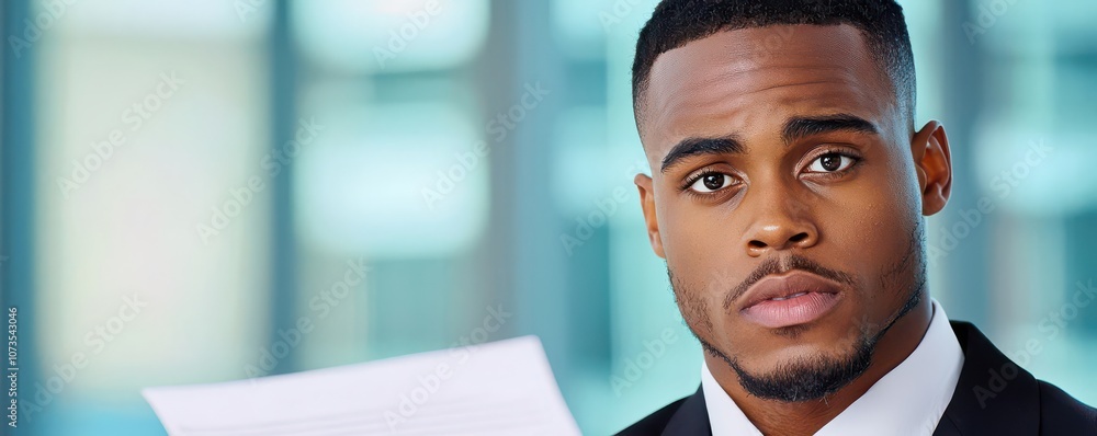 Poster close-up of a business leader with a focused expression, reviewing a list of goals and action items,