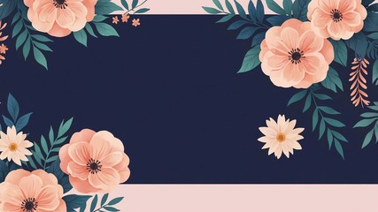 blush pink & navy blue colors floral pattern border made of beautiful flowers on gradient background. Flat lay, top view,  with space for text