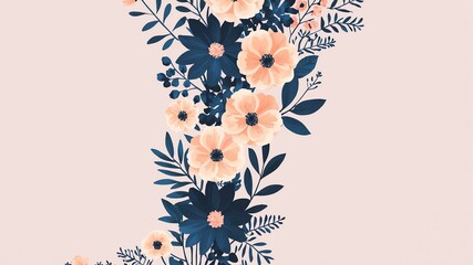 blush pink & navy blue colors floral pattern border made of beautiful flowers on gradient background. Flat lay, top view,  with space for text