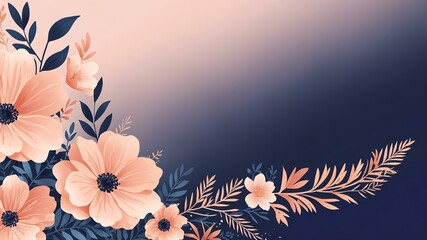 blush pink & navy blue colors floral pattern border made of beautiful flowers on gradient background. Flat lay, top view,  with space for text