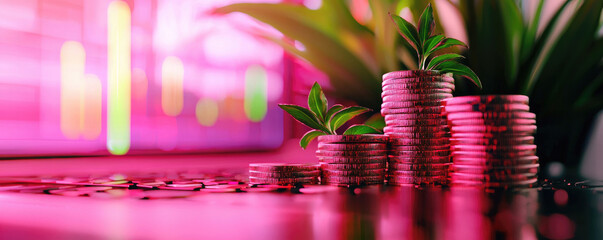 A vibrant image depicting stacks of coins alongside green plants, set against a colorful background suggesting growth and financial prosperity.