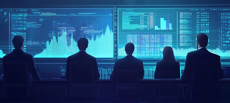 Large screen showing data visualization in a BI meeting, featuring a blank area for customized text overlay
