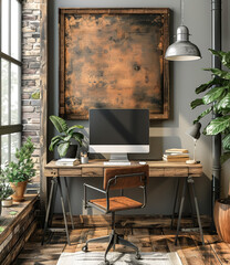 A desk with a computer, a chair, and a potted plant