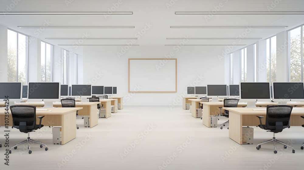 Poster minimalist and modern office design with rows of desks computer screens and a blank frame on a white