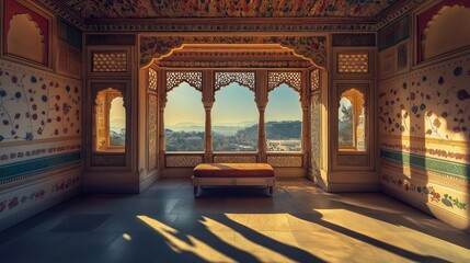 Indian-style window seat in the intricate designs of the palace 