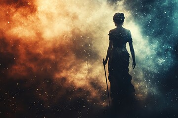 Silhouette of woman in a cosmic background, showcasing mystery and elegance.