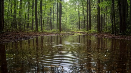 Obraz premium A single raindrop creates ripples in a puddle in a misty forest.
