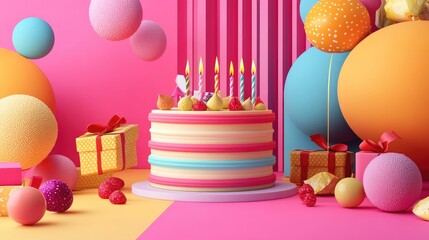 Stylish cake with candles, party bright decorations, gift boxes, 3D render, Triadic color scheme