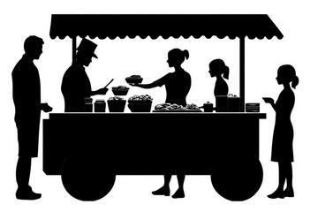 Black Silhouette of a food vendor serving customers from a street cart on a white background.