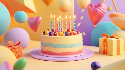 Stylish cake with candles, party bright decorations, gift boxes, 3D render, Triadic color scheme